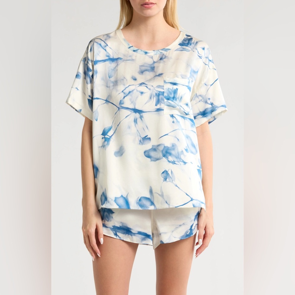 lunya Cream and Blue Floral Tie-Dye Short Lounge Set